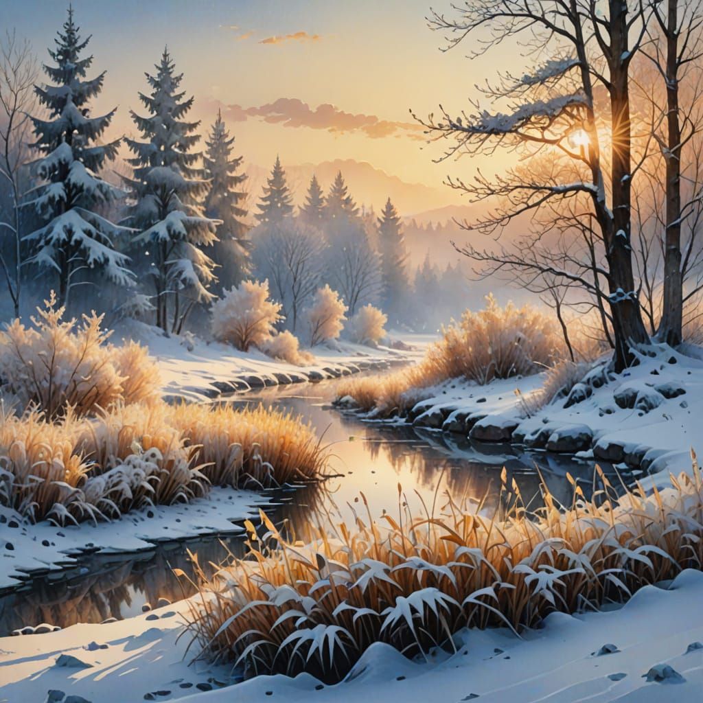 Ethereal Winter Dawn in Digital Watercolor