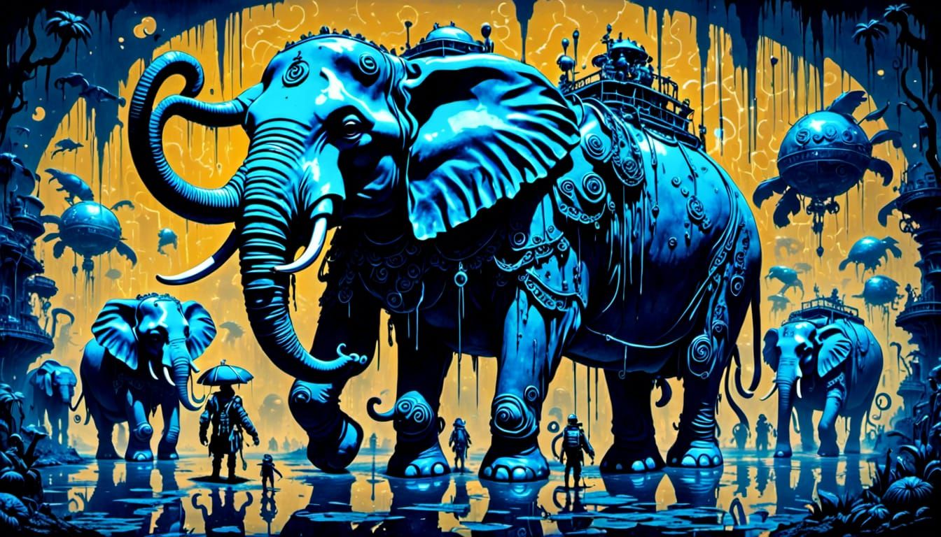 Surreal Rave Scene with Elephants in Haring Style