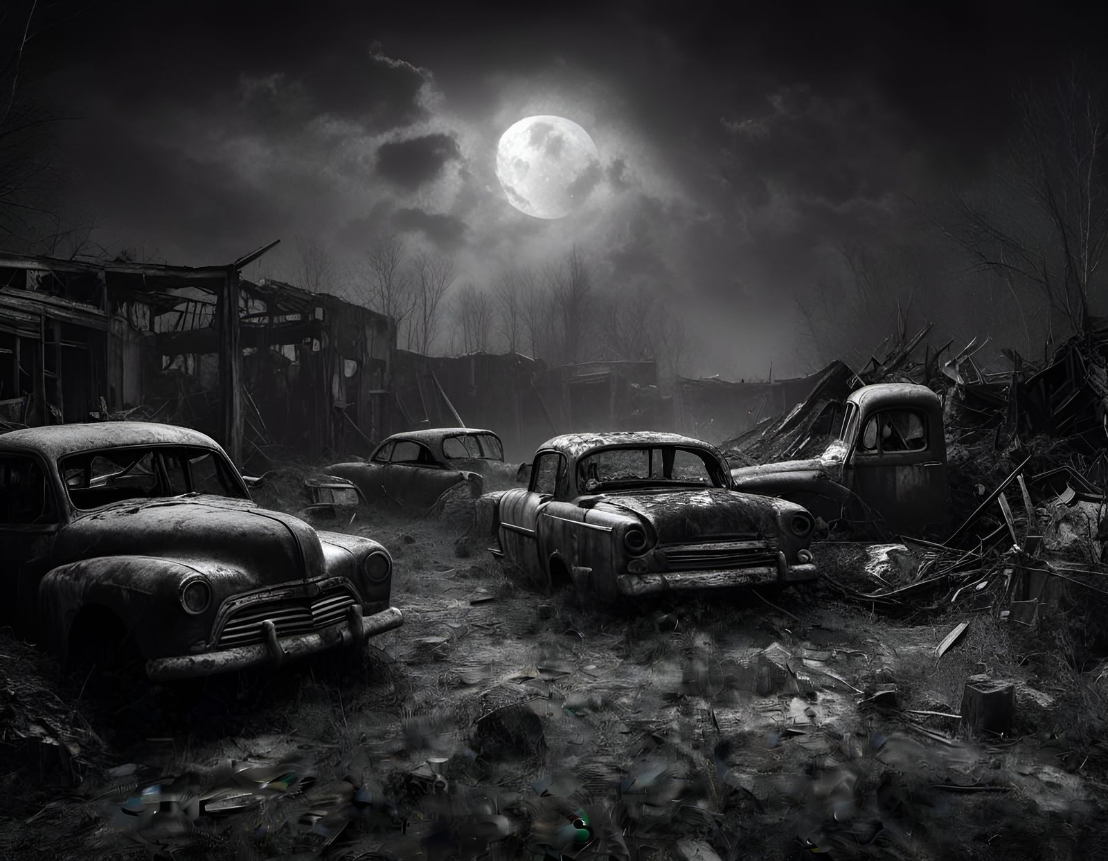 Super Moon Over Auto Wrecking Yard, Charcoal Drawing