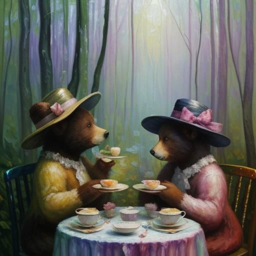Bears' Tea Party: Neo-Impressionist Forest Scene