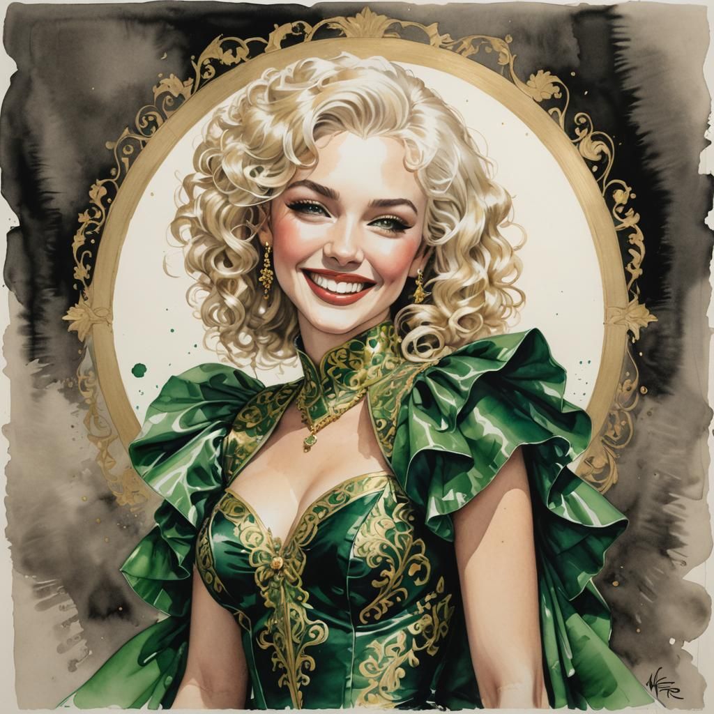 Laughing Platinum Blonde in Metallic Bodice