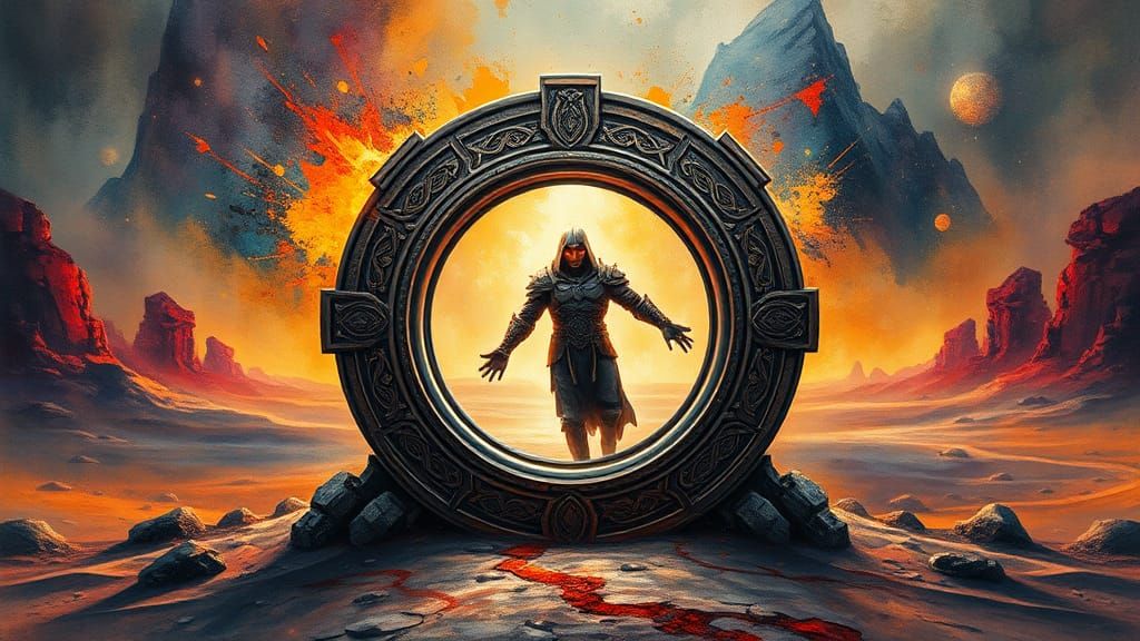 System Lord Emerges from Stargate in Abstract Landscape