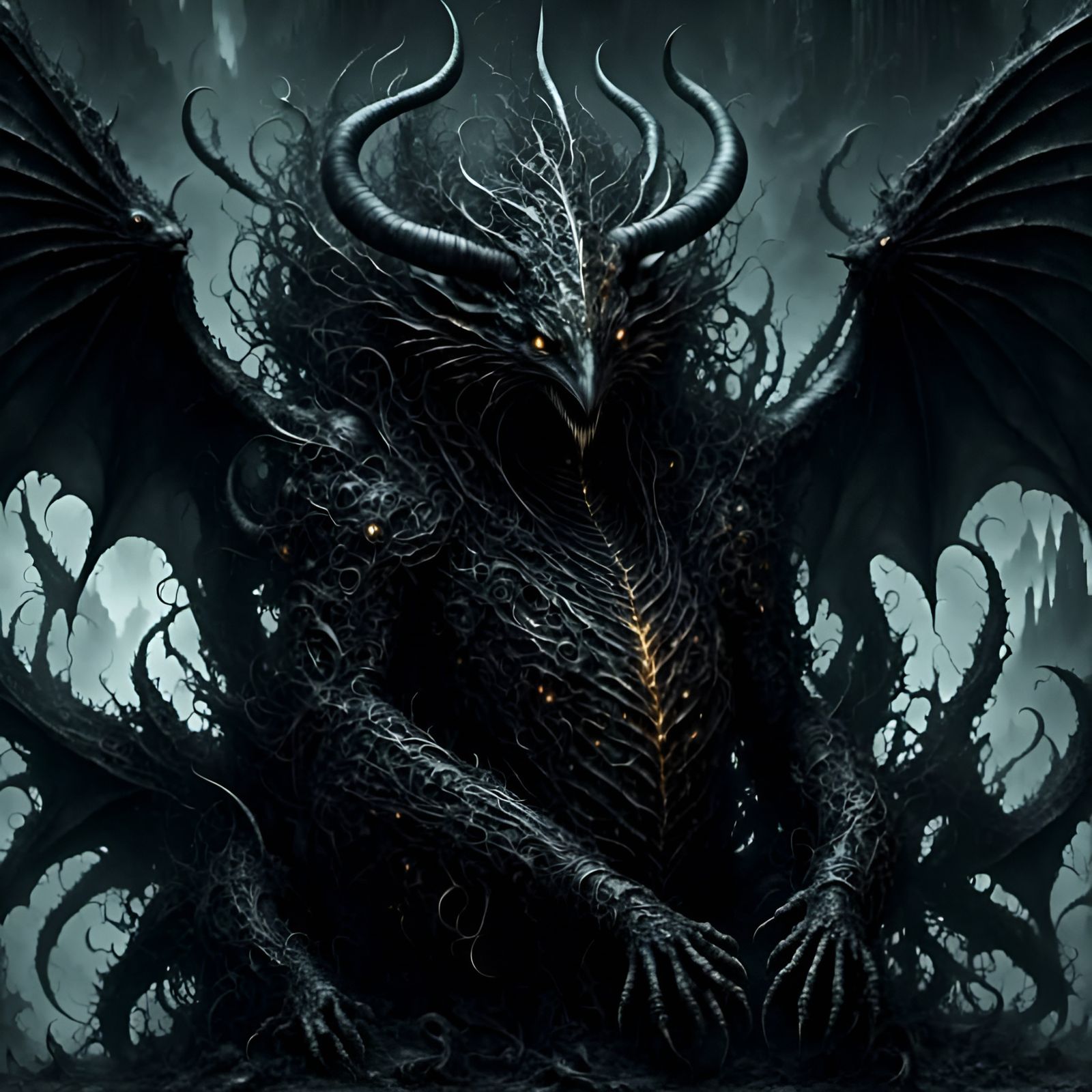 Grotesque Black Winged Creatures in Art Nouveau Style