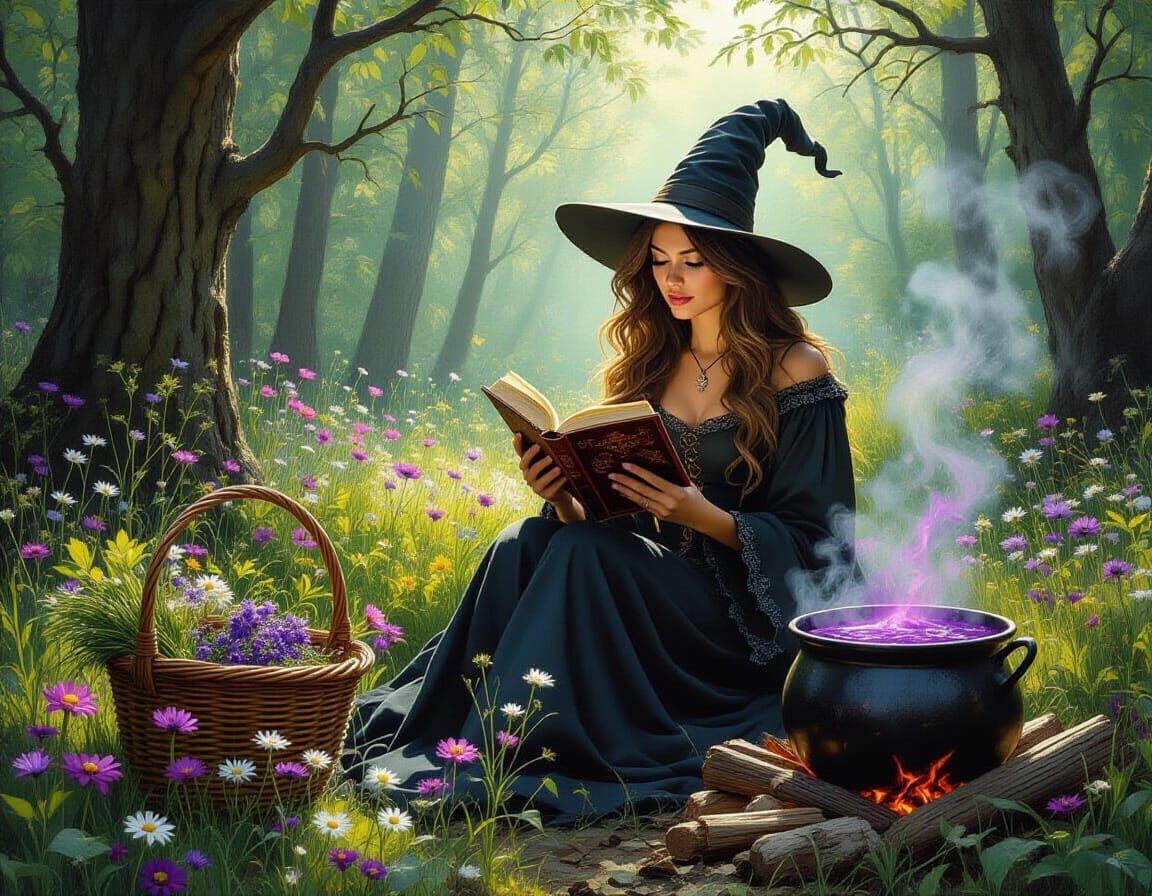 Witch Reading Magic Book in Enchanted Forest