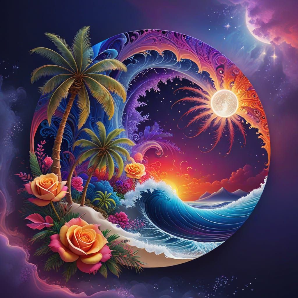 Vivid Fractal Mandala with Roses and Palm Trees