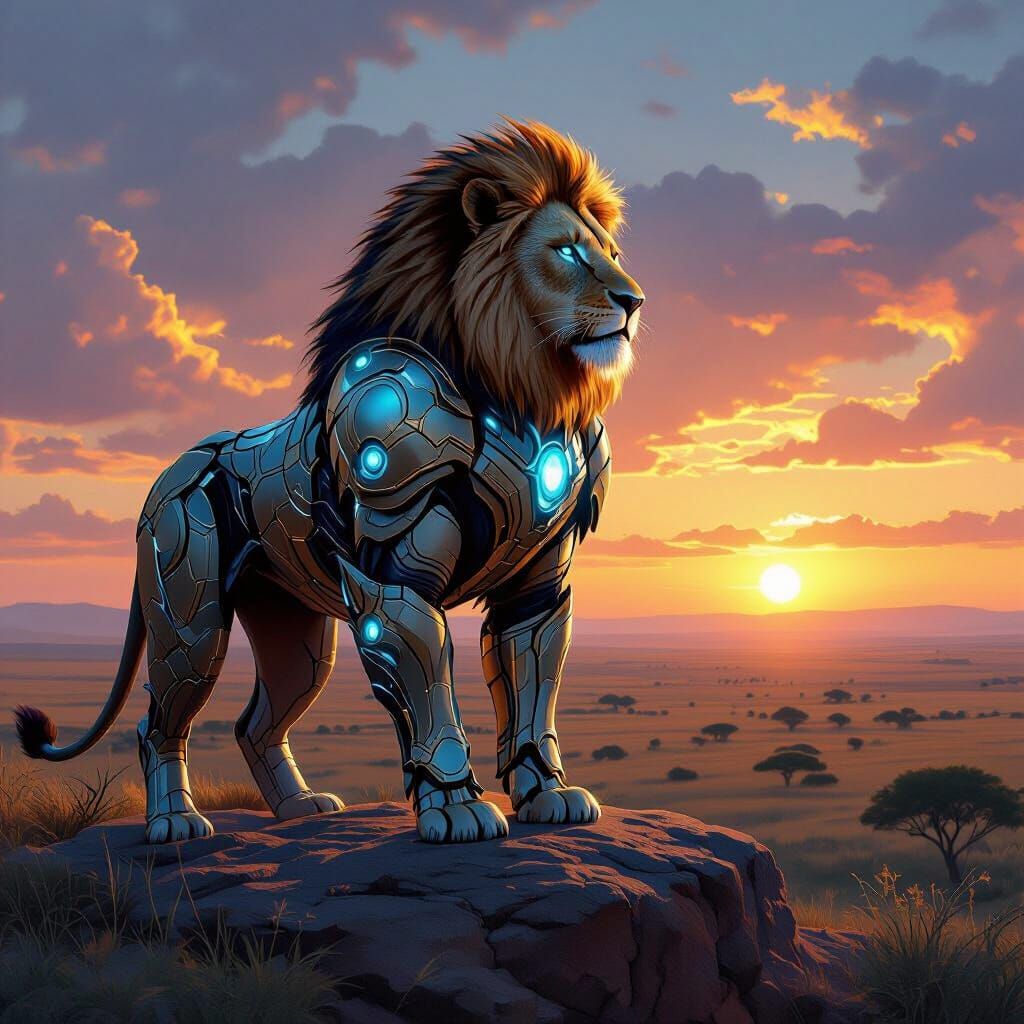 Armored Lion Overlooking Savanna Sunset in Art Deco Style