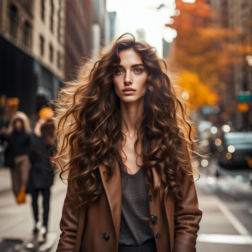 Girl Walking in New York Autumn Scene