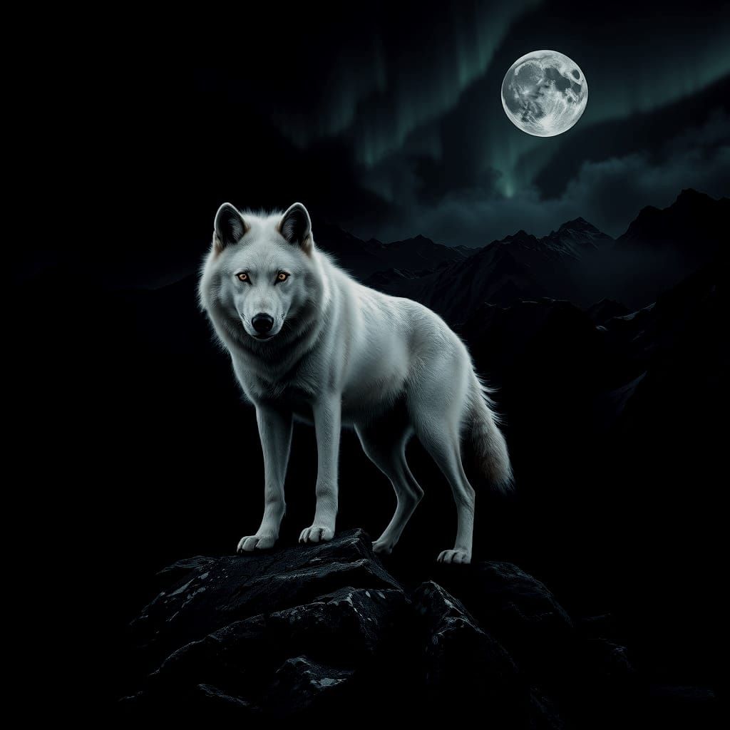 White Russian Wolf in Shadowy Mountain Landscape
