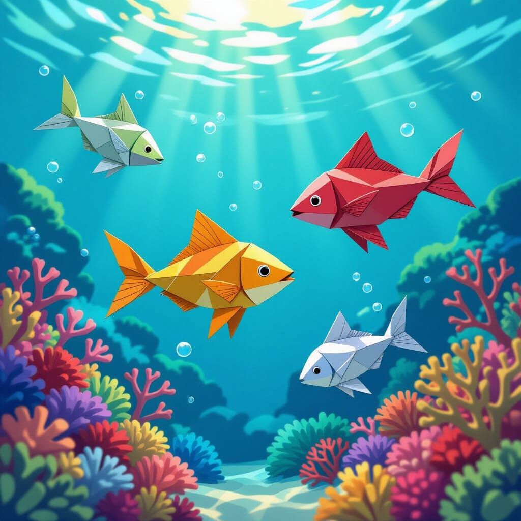 Origami Fish in Vibrant Coral Reef