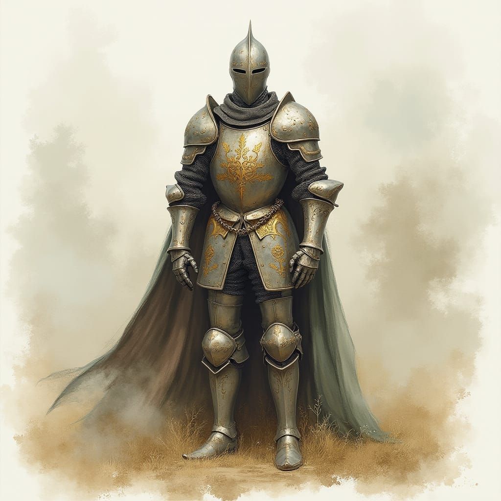 Ethereal Knight in Ornate Armor, Delicate Watercolor Art