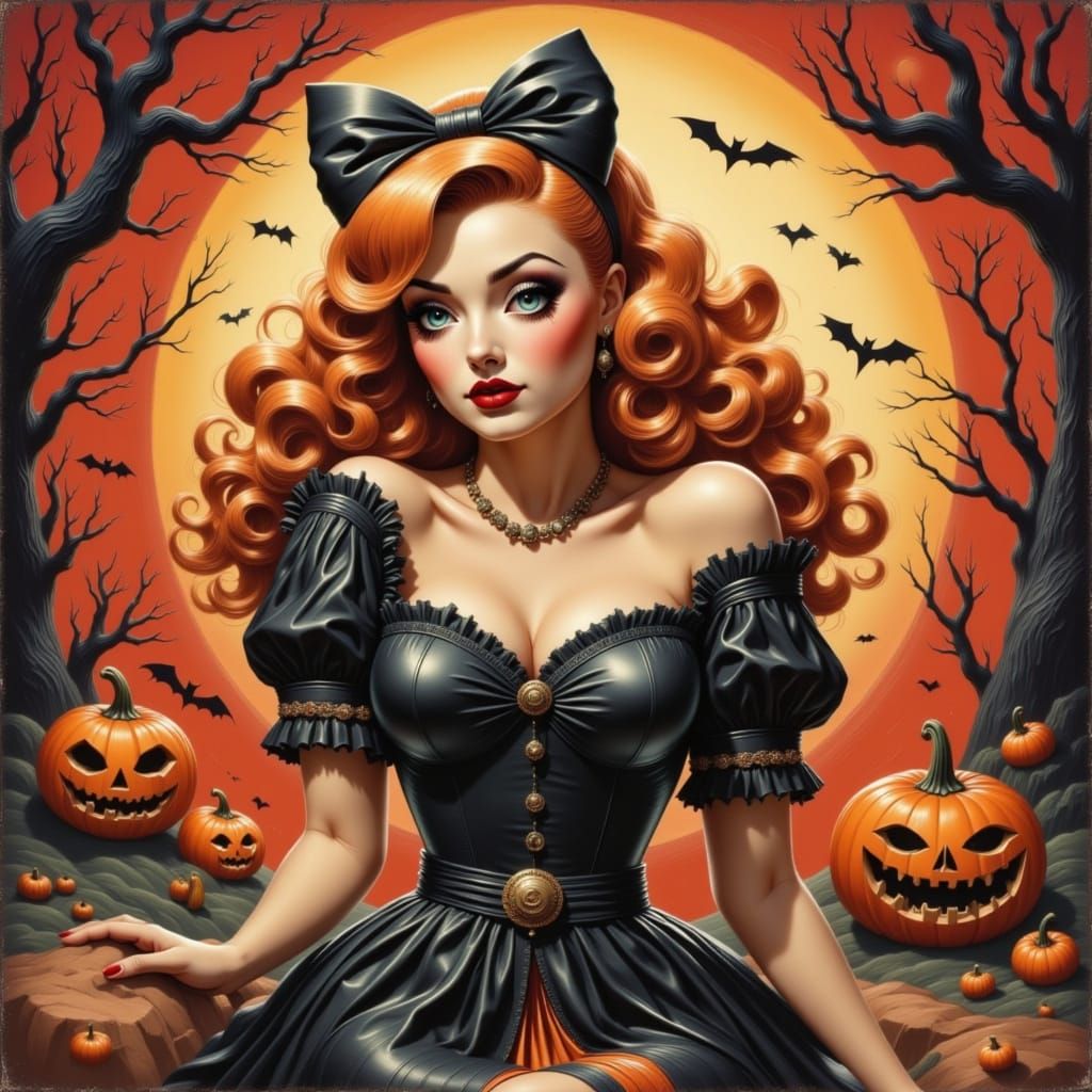 Spooky Halloween Pin-Up Girl with Big Eyes