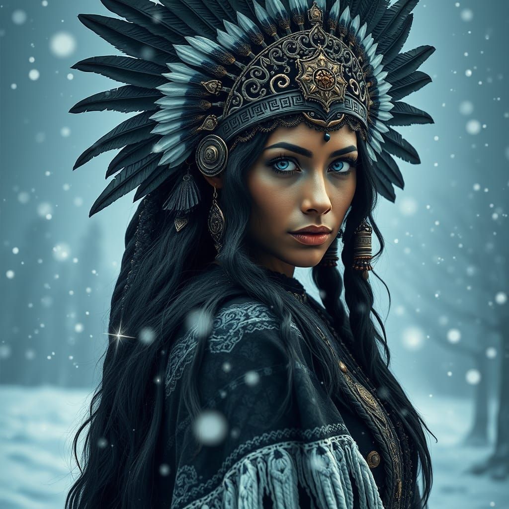 Majestic Native American Goddess in Winter Wonderland
