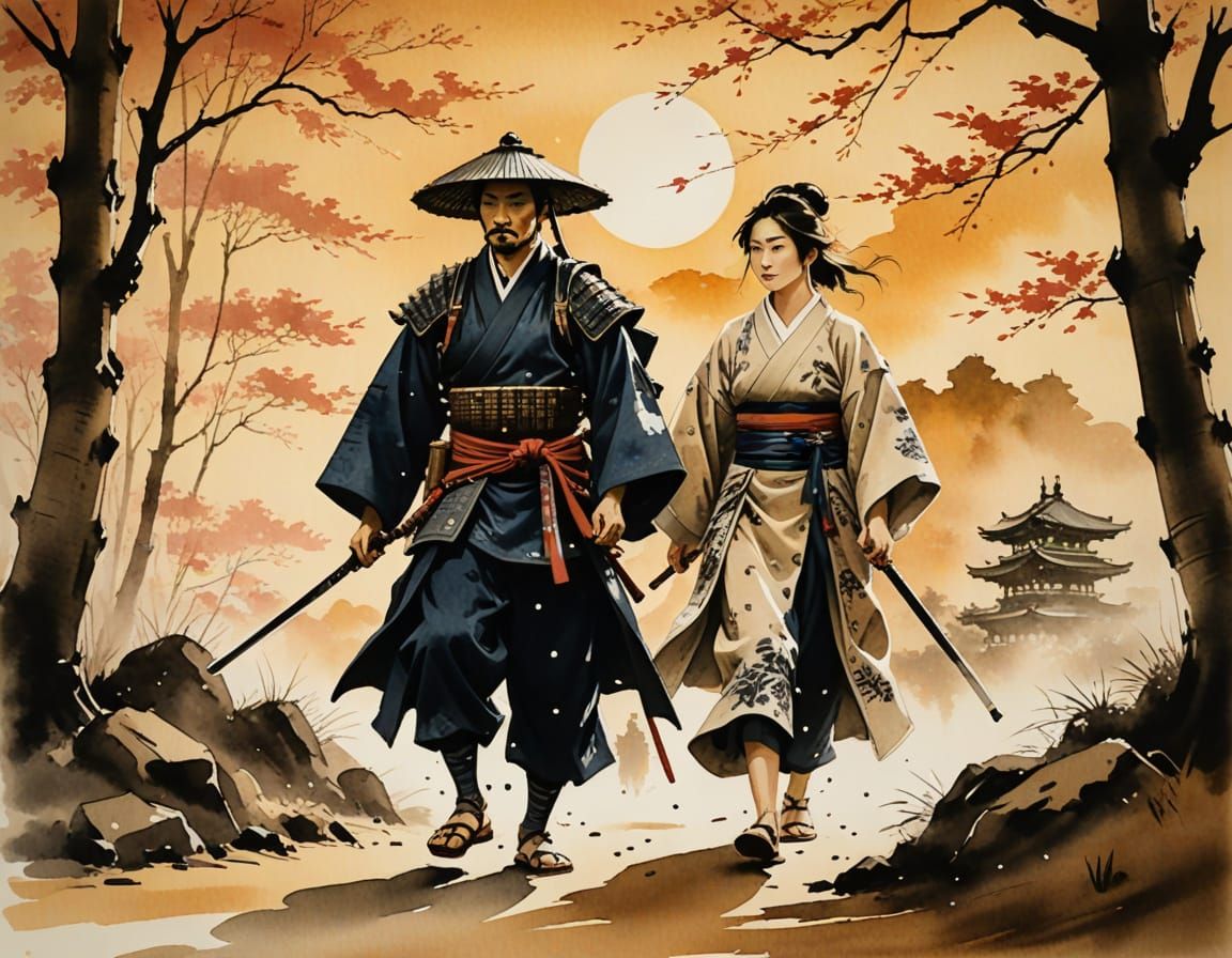 Samurai Siblings in Japanese Ink Painting
