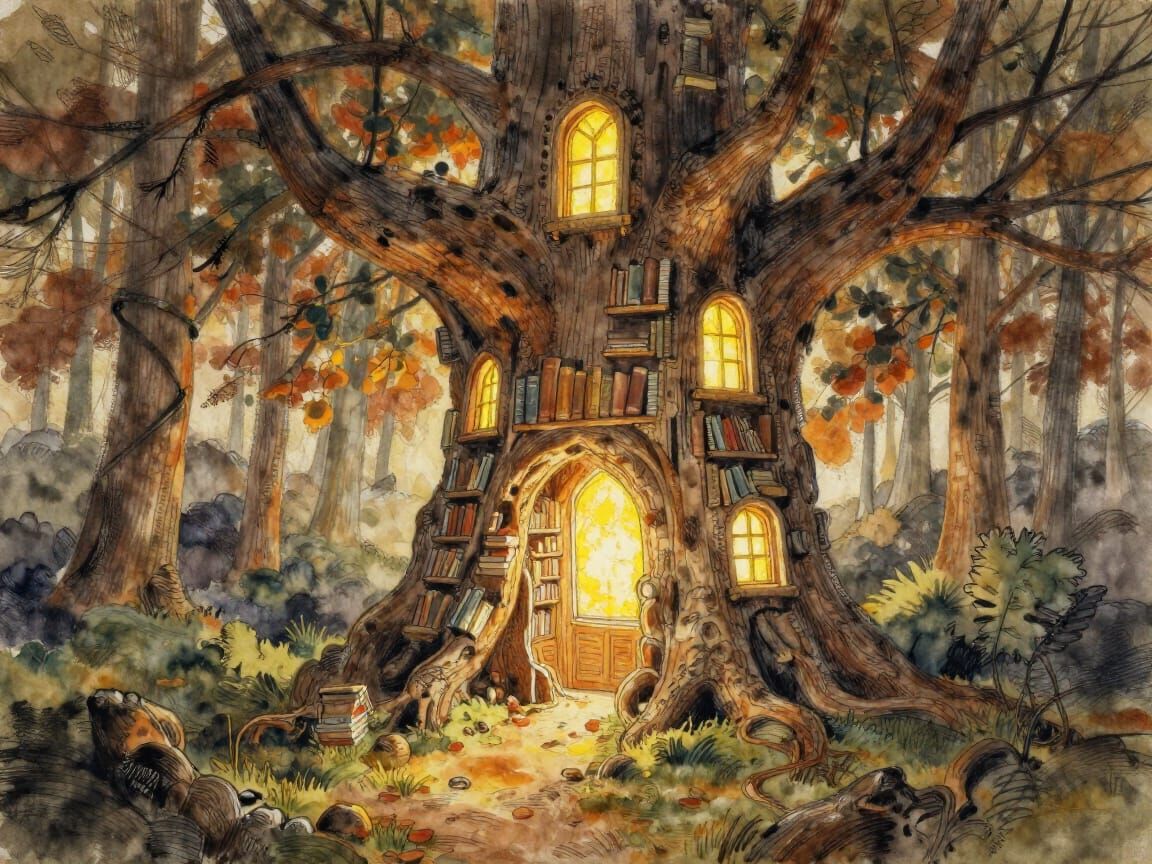Magical Tree Library with Glowing Windows