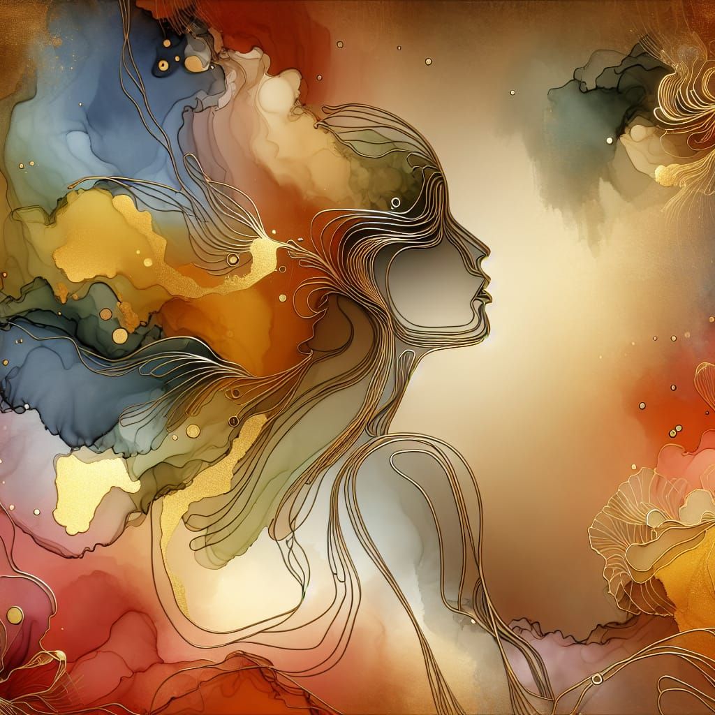 Abstract Woman in Alcohol Ink with Golden Line Art