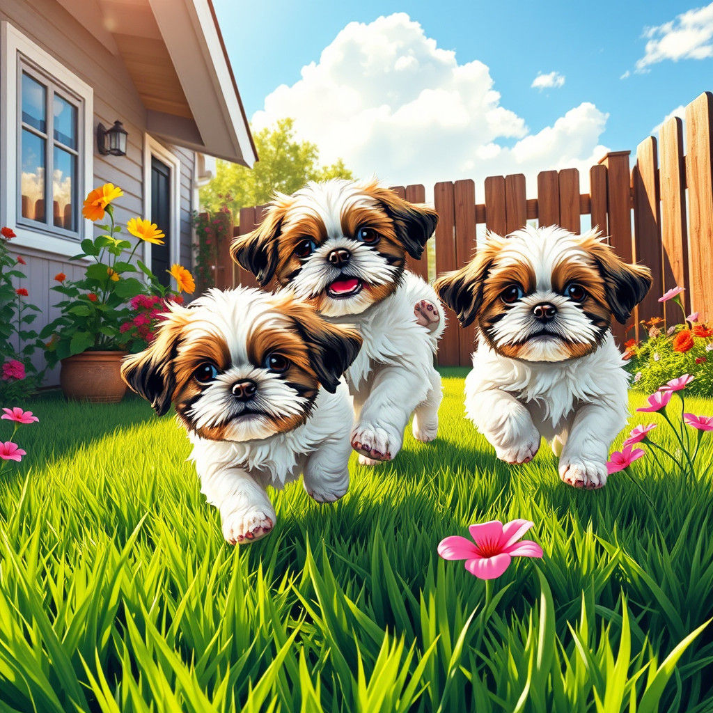 Shih Tzu Puppies Play in Trompe L'Oeil Impasto Style