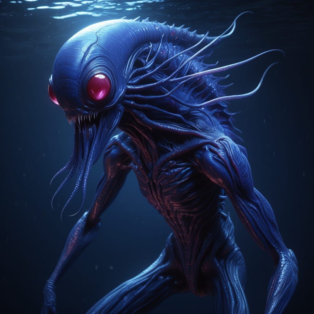 Aquariid Alien in Dark Water - Surreal Concept Art