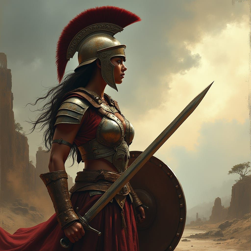 Spartan Warrior Stands Vigilant on Battle-Torn Horizon in Da...