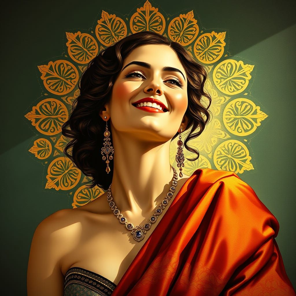 Radiant Woman Embracing Prosperity: Art Nouveau Style