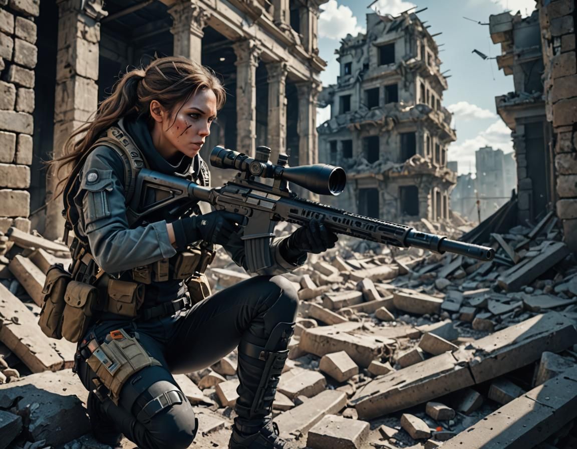 Futuristic Female Sniper in Ruins: 3D Render
