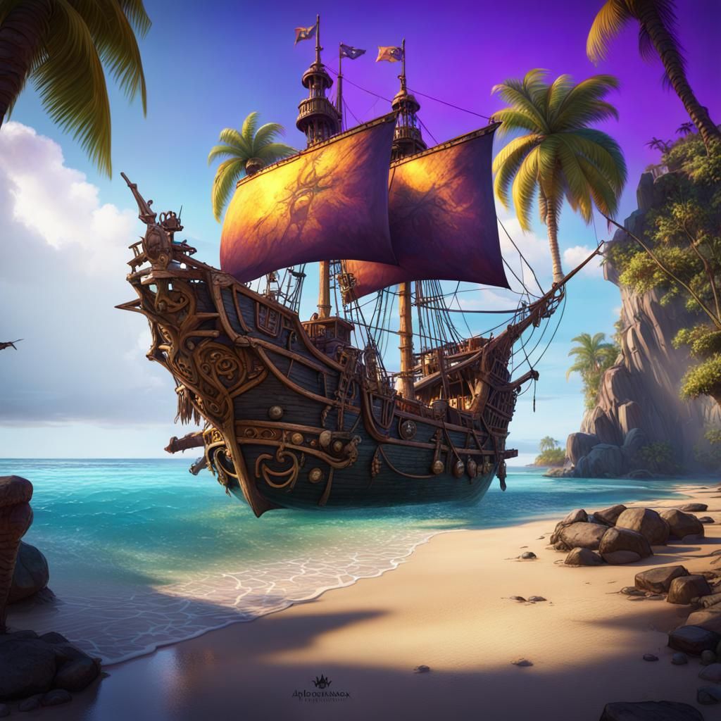 Tropical Pirate Ship on Island in Dark Fantasy Style