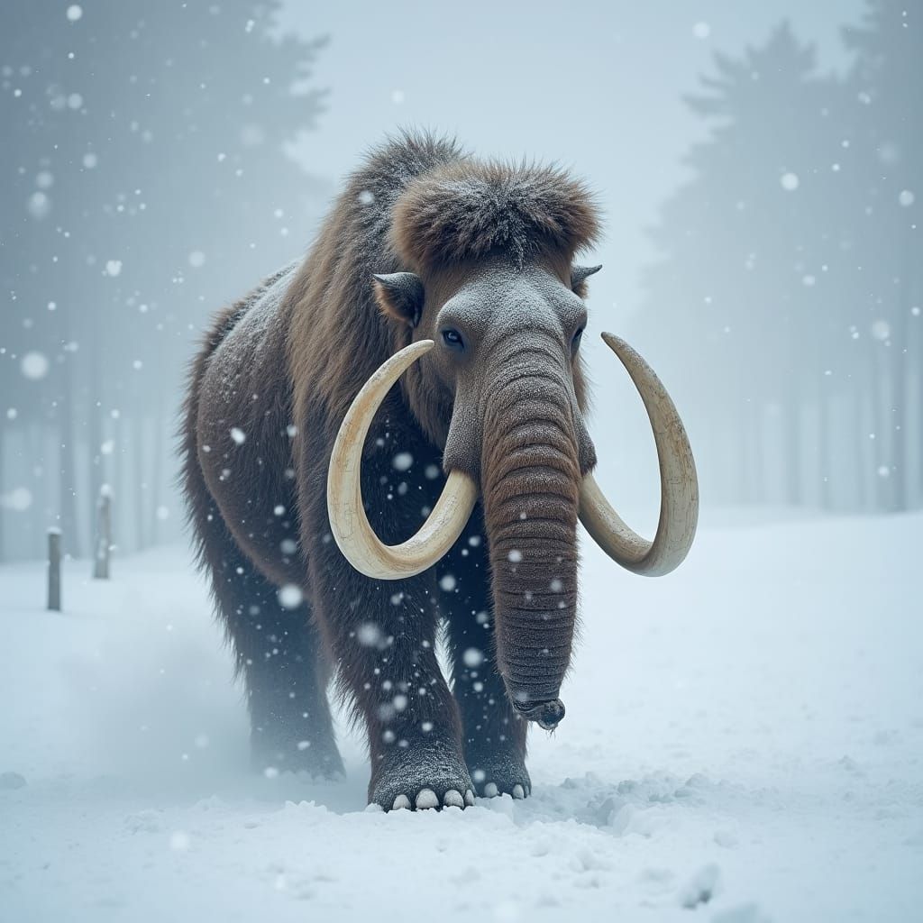 Woolly Mammoth Walking in a Winter Snowstorm