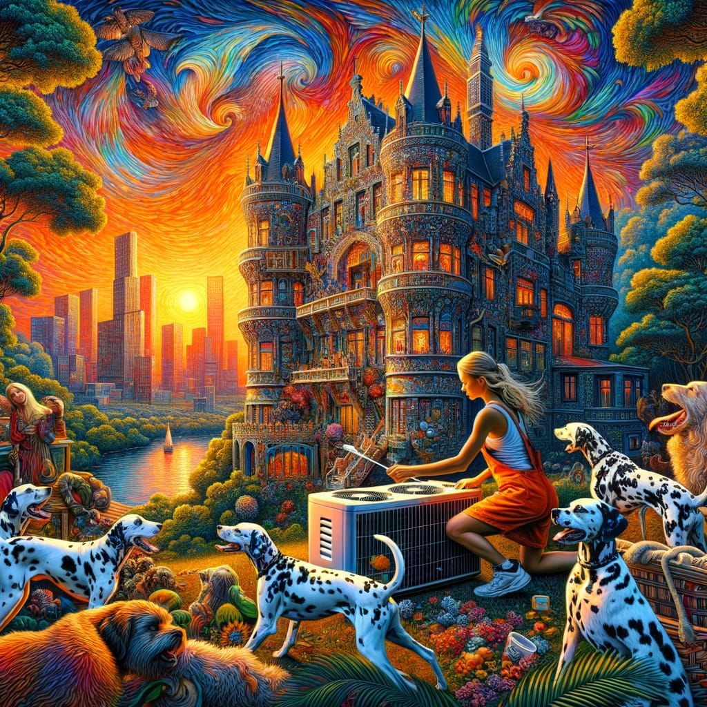 Maximalist Woman Repairs Air Conditioner, Van Gogh Style