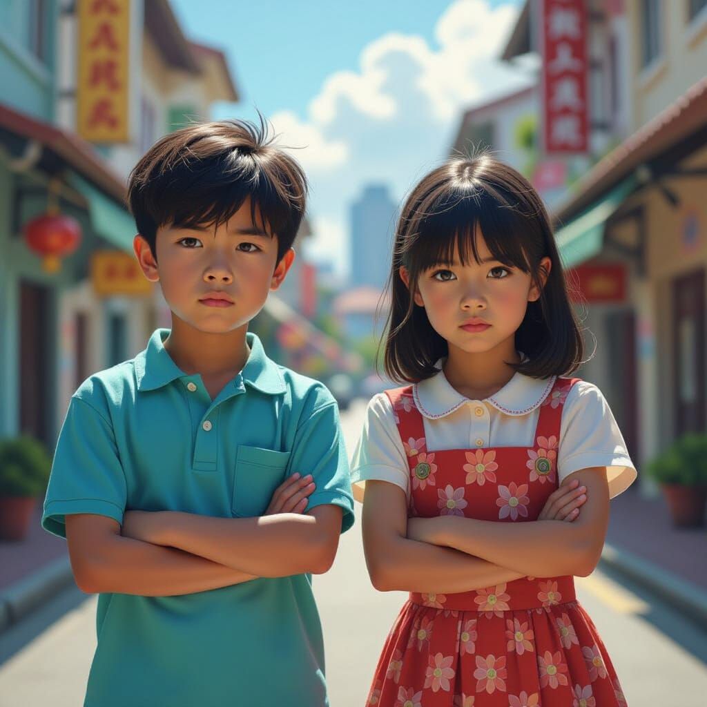 Defiant Singaporean Siblings in Hyperrealistic Style