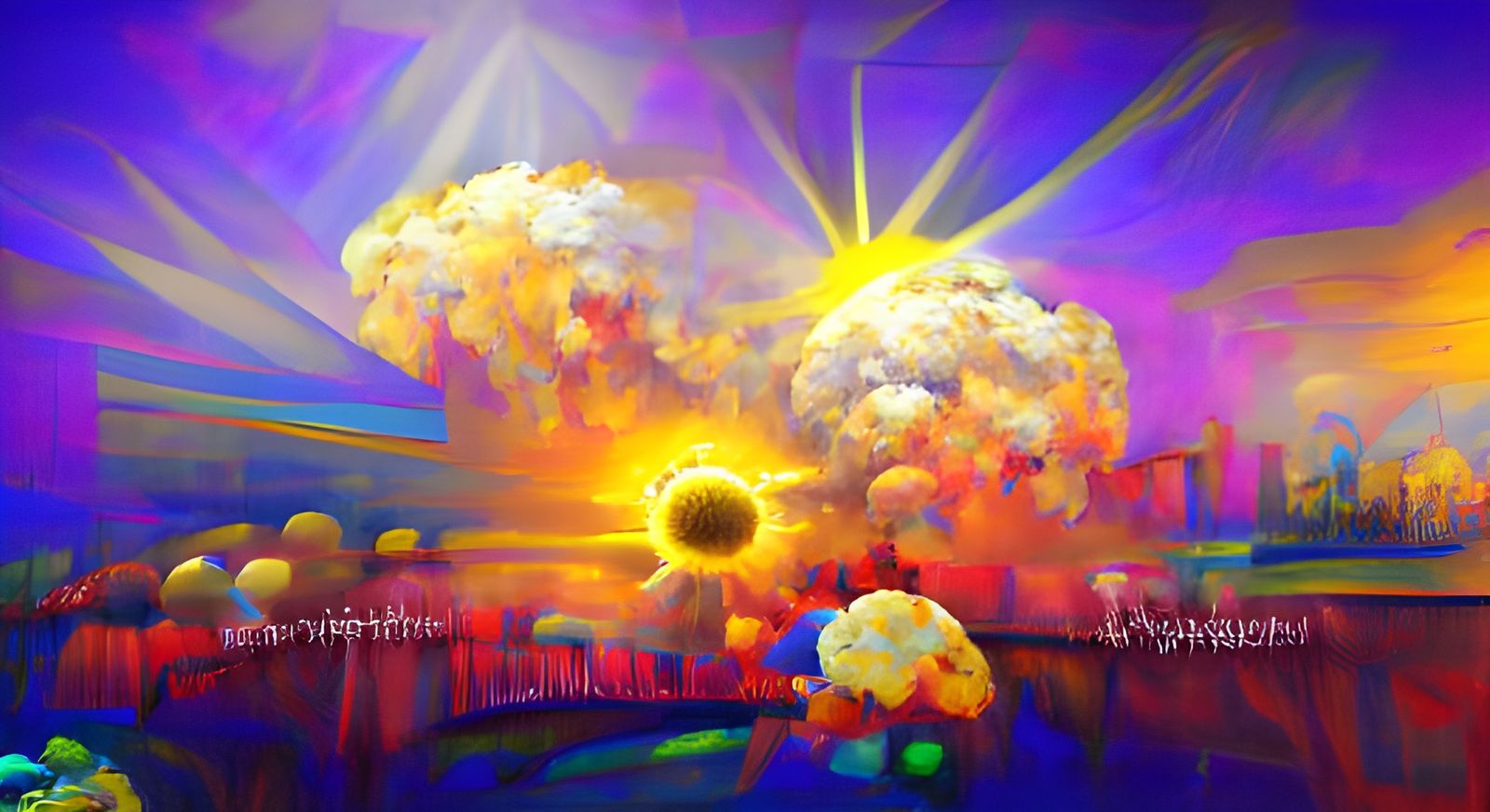 Nuclear Explosion with Volumetric Lighting in Impressionism