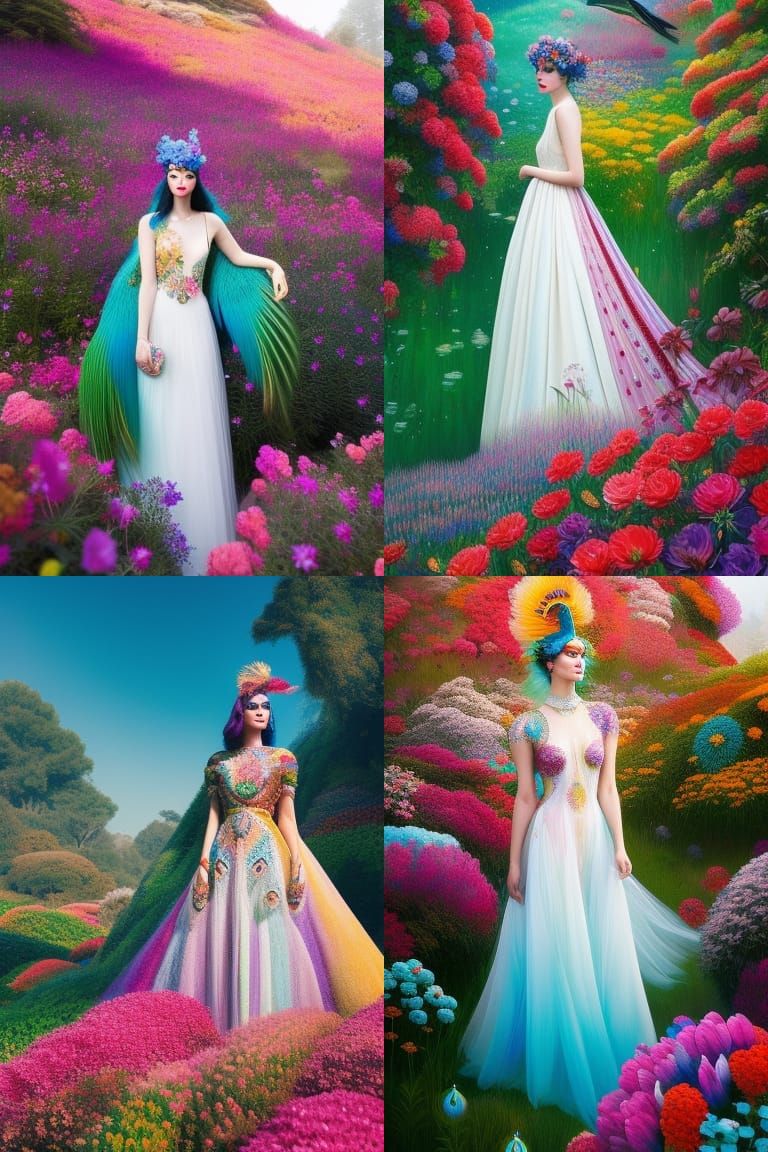 Peacock Woman in Fairytale Garden: Magic Realism