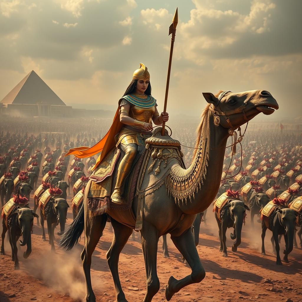 Egyptian Queen Leads Army on War Camels, Neo Gothic Art