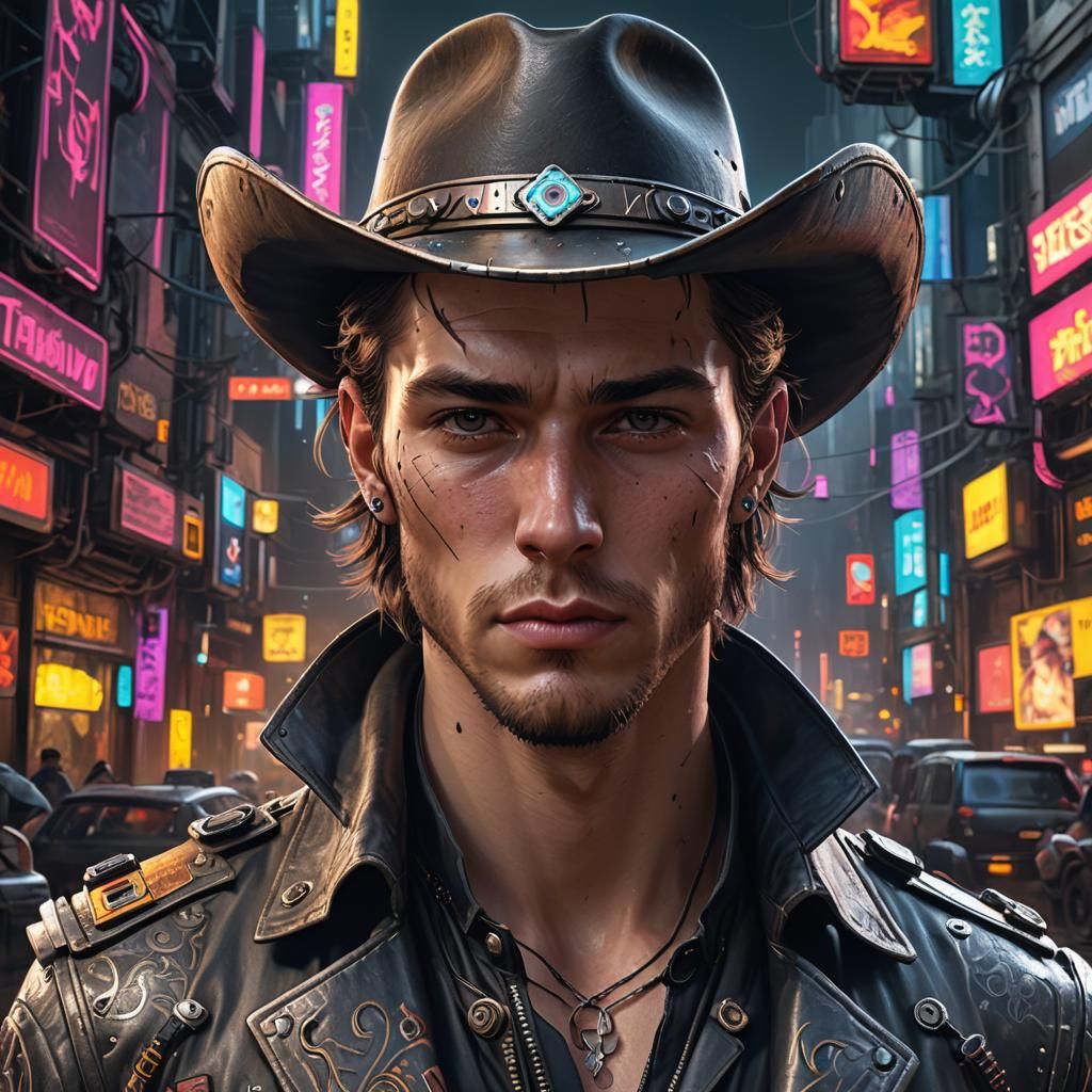 Cyberpunk Cowboy Portrait in Hyperrealistic Detail