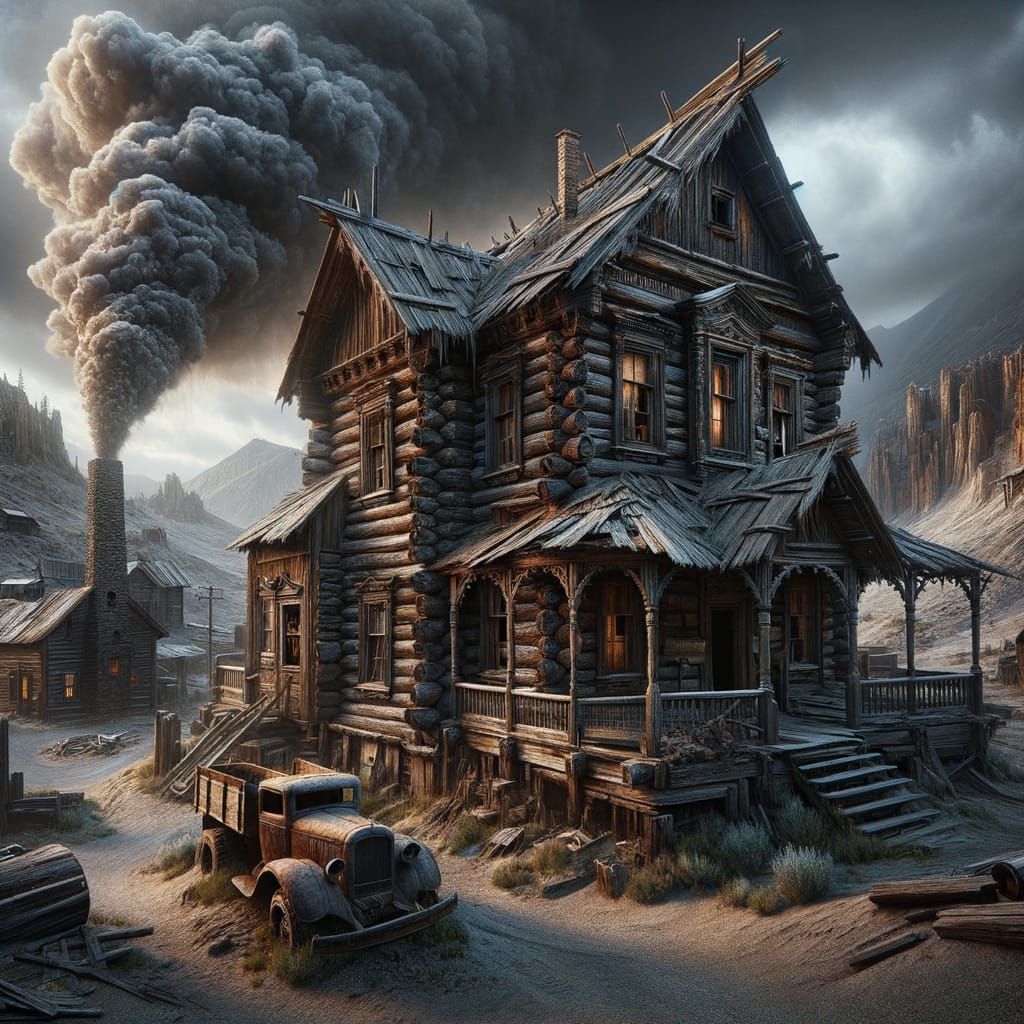 Abandoned Log Cabin in Ghost Town: Hyperrealistic Rendering