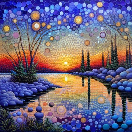 Breathtaking Mosaic Landscape with Fluorite Glass Circles