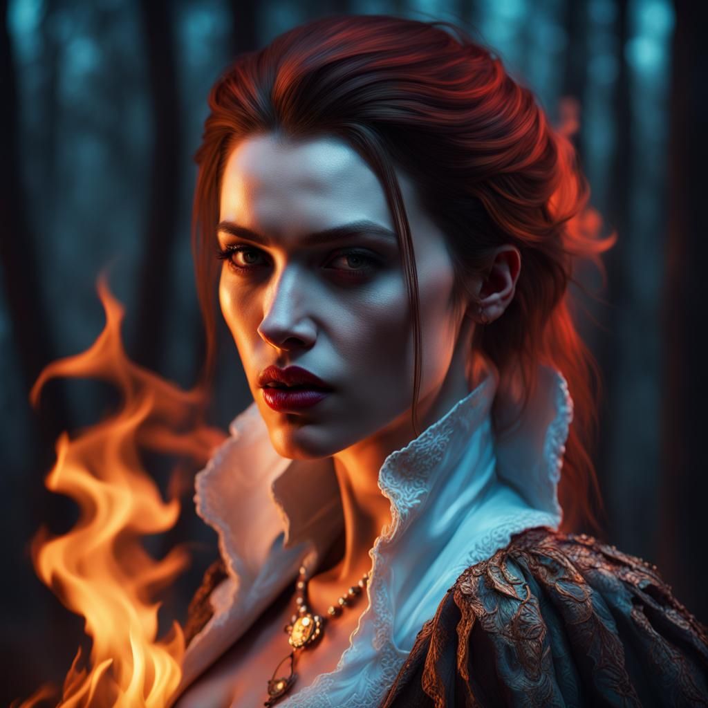 Vampire Aristocrat in Burning Forest, Hyperrealistic Photogr...
