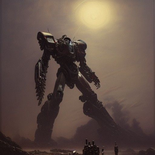 Giant Robot in Sinister Oil Painting Style