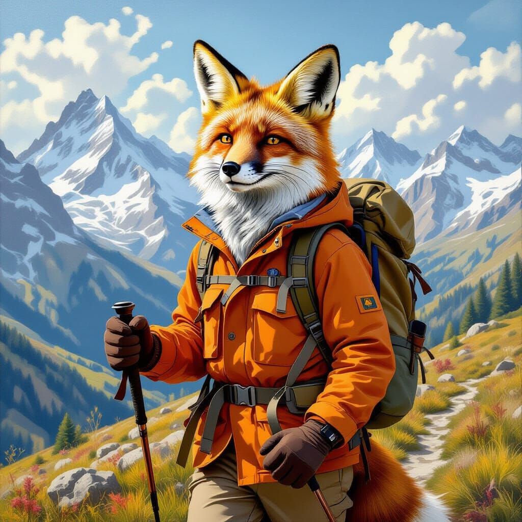 Anamorphic Fox Hiking Swiss Alps in Classical Oil Painting S...