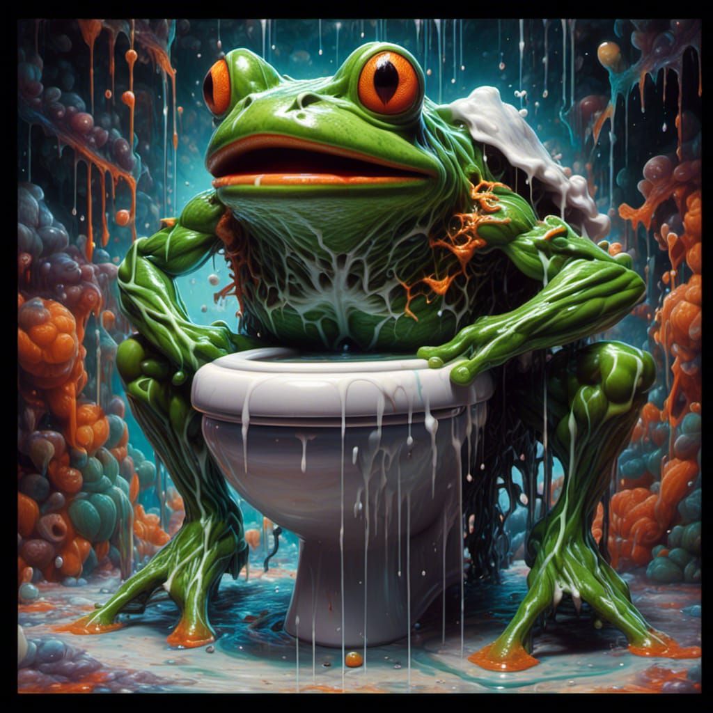 Psychedelic Angry Frog on Toilet, Dripping Paint