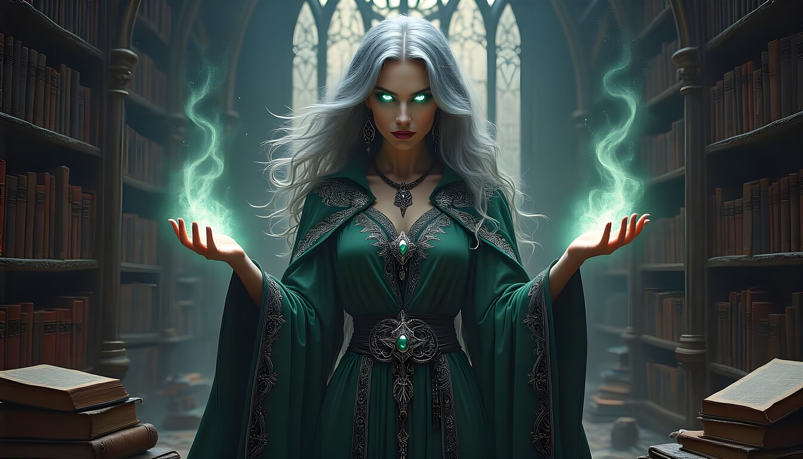 Enigmatic Emerald Sorceress in Gothic Library