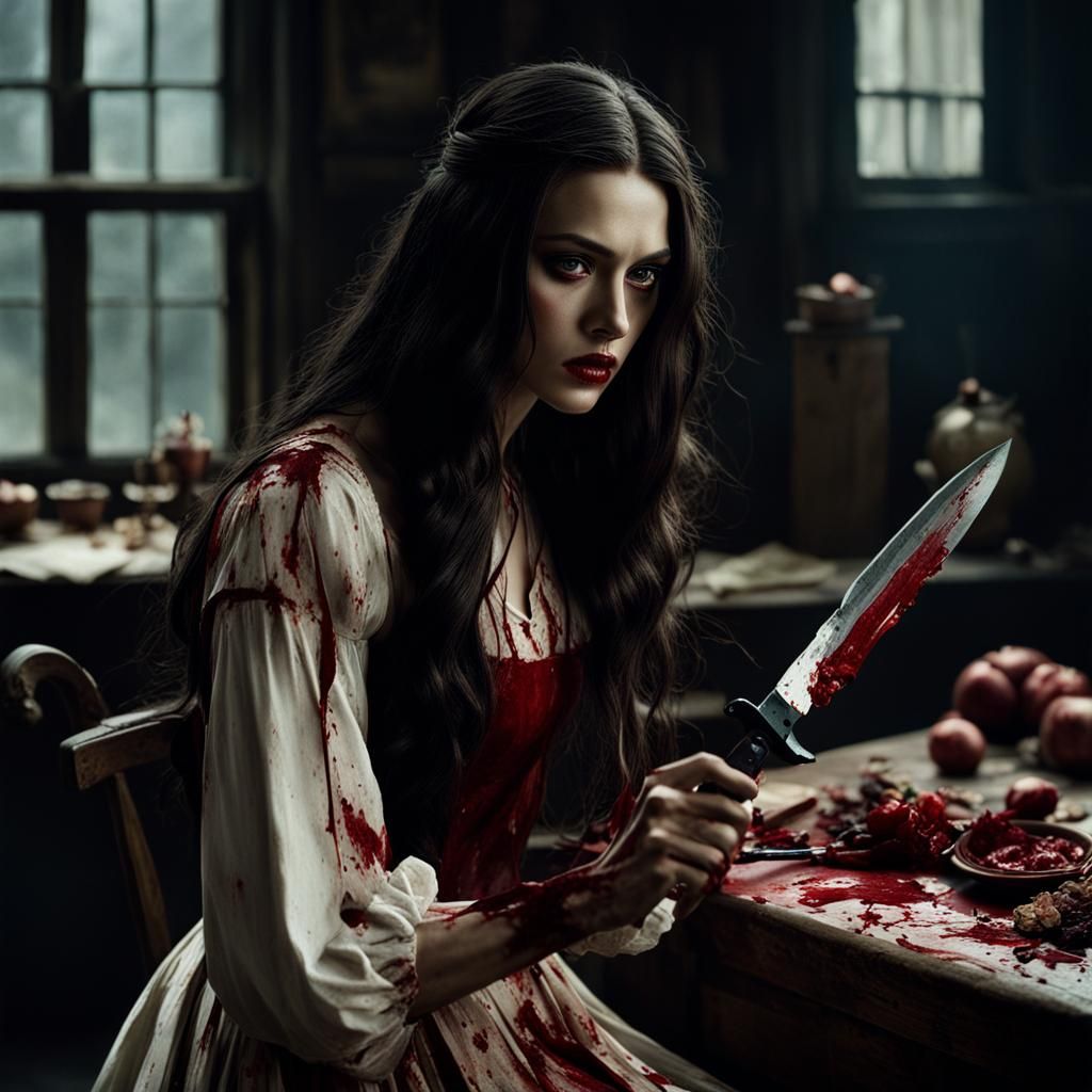 Hyperrealistic Portrait of Alice with Knife