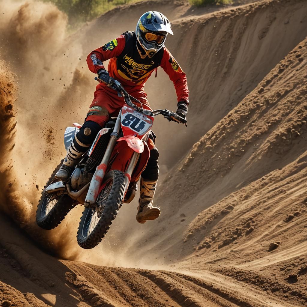 Motocross Rider Jumps on Dusty Track: Action Sports Photogra...
