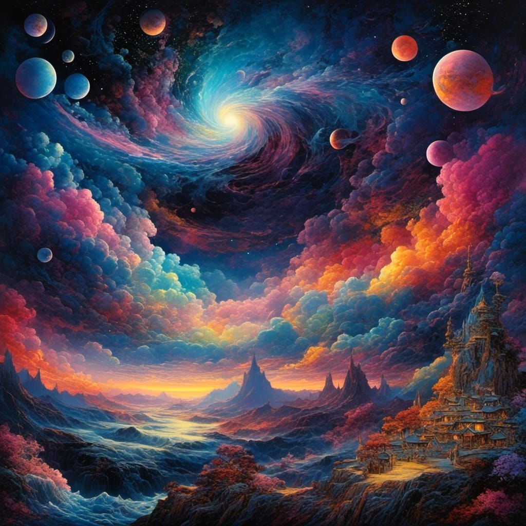 Swirling Galactic Dreamscape in Black Light Art