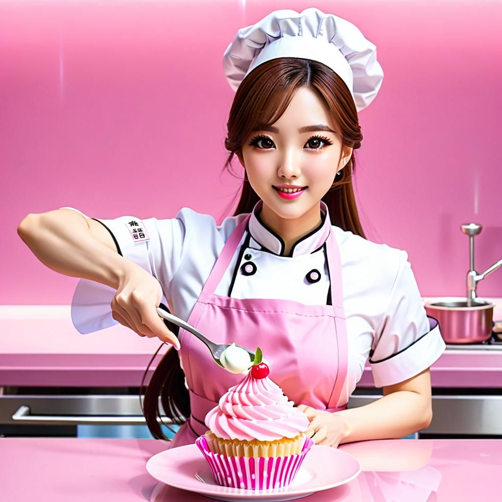 Cute Anime Chef Making Pink Cupcakes