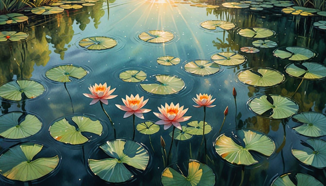 Dreamy Watercolor Pond with Koi Fish and Lilies