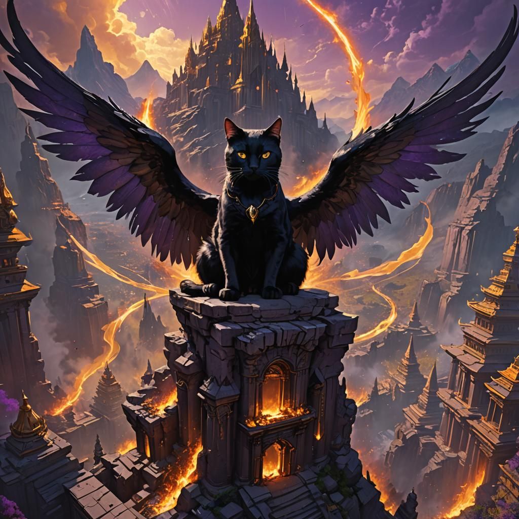 Monumental Angel Cat Over Burning Temple