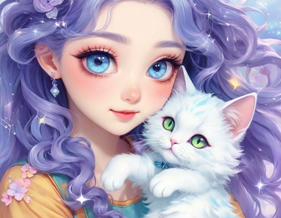 Whimsical Pastel Anime Portrait of a Beautiful Lady and Her ...