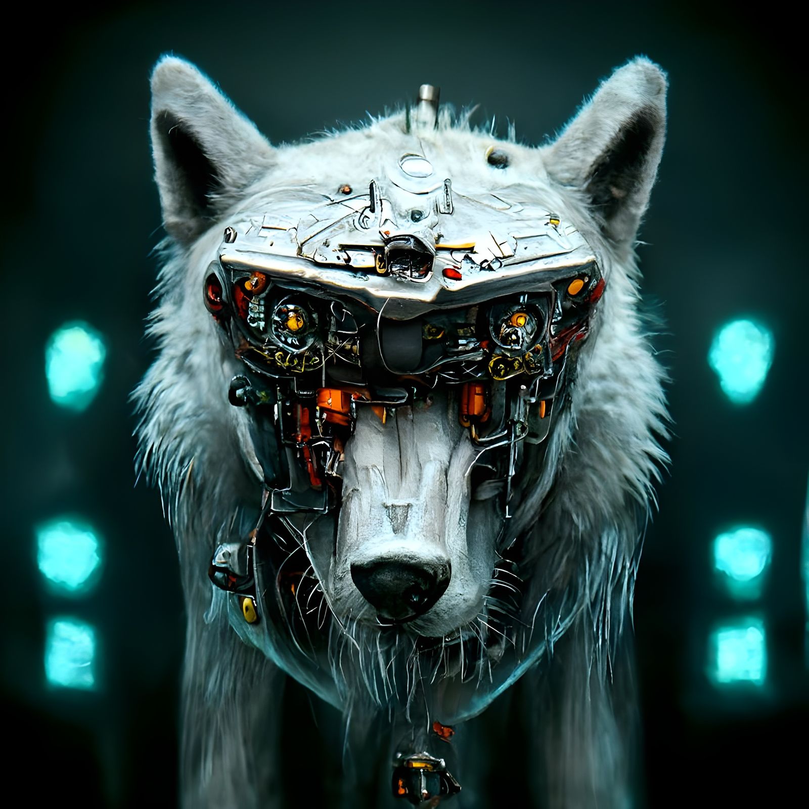 Mechanically Enhanced Wolf in Cyberpunk Style