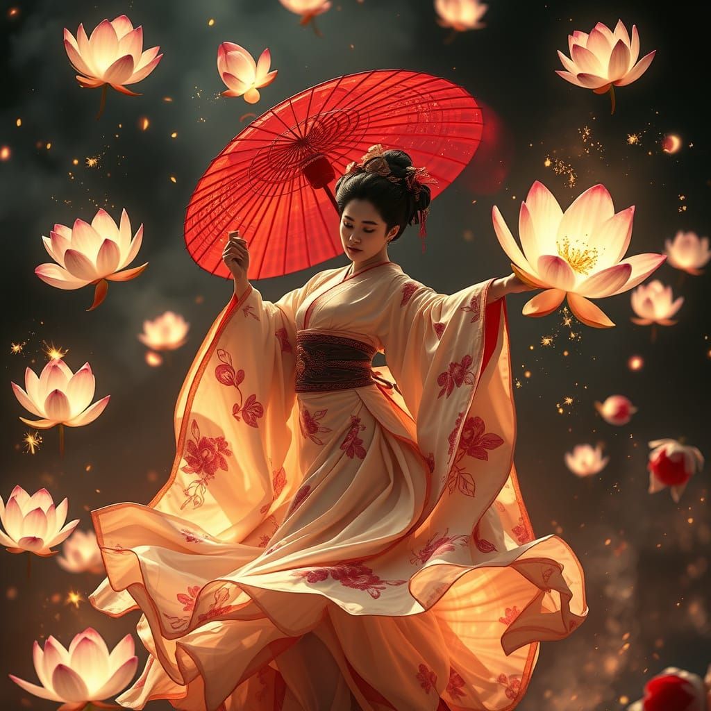 Geisha Dancing with Lotus Flowers and Fireworks