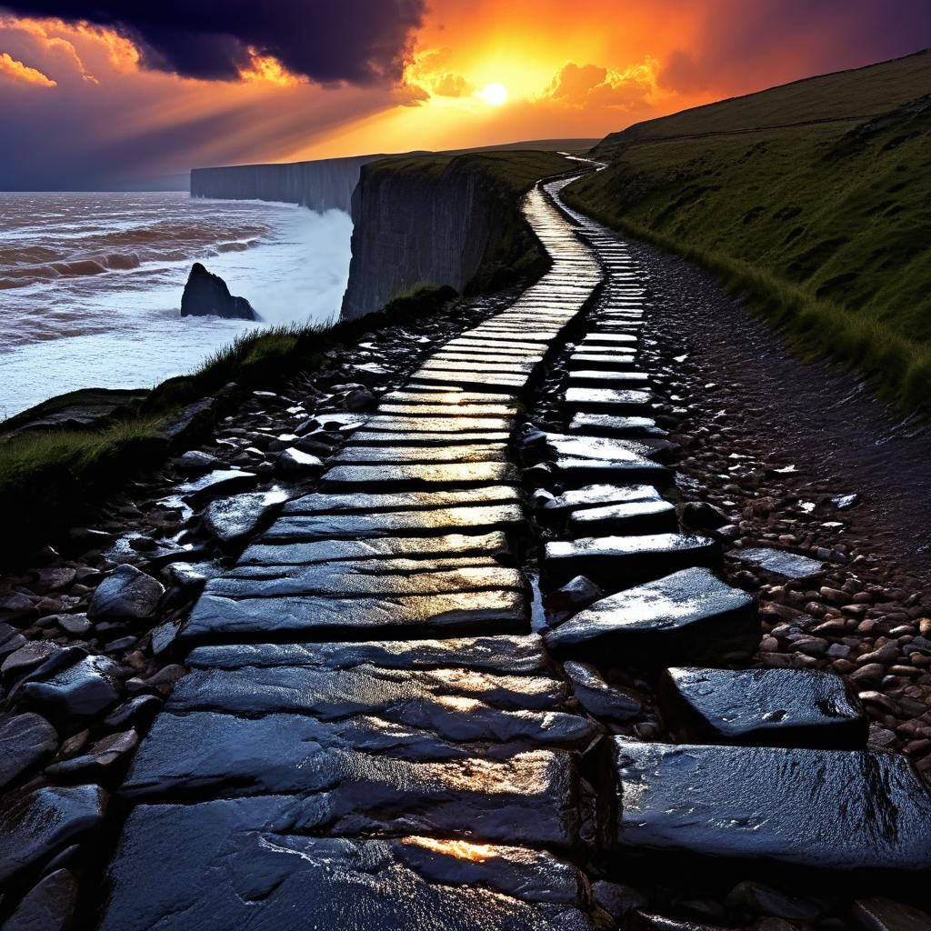 Stormy Sunset Cliffside Path to the Horizon