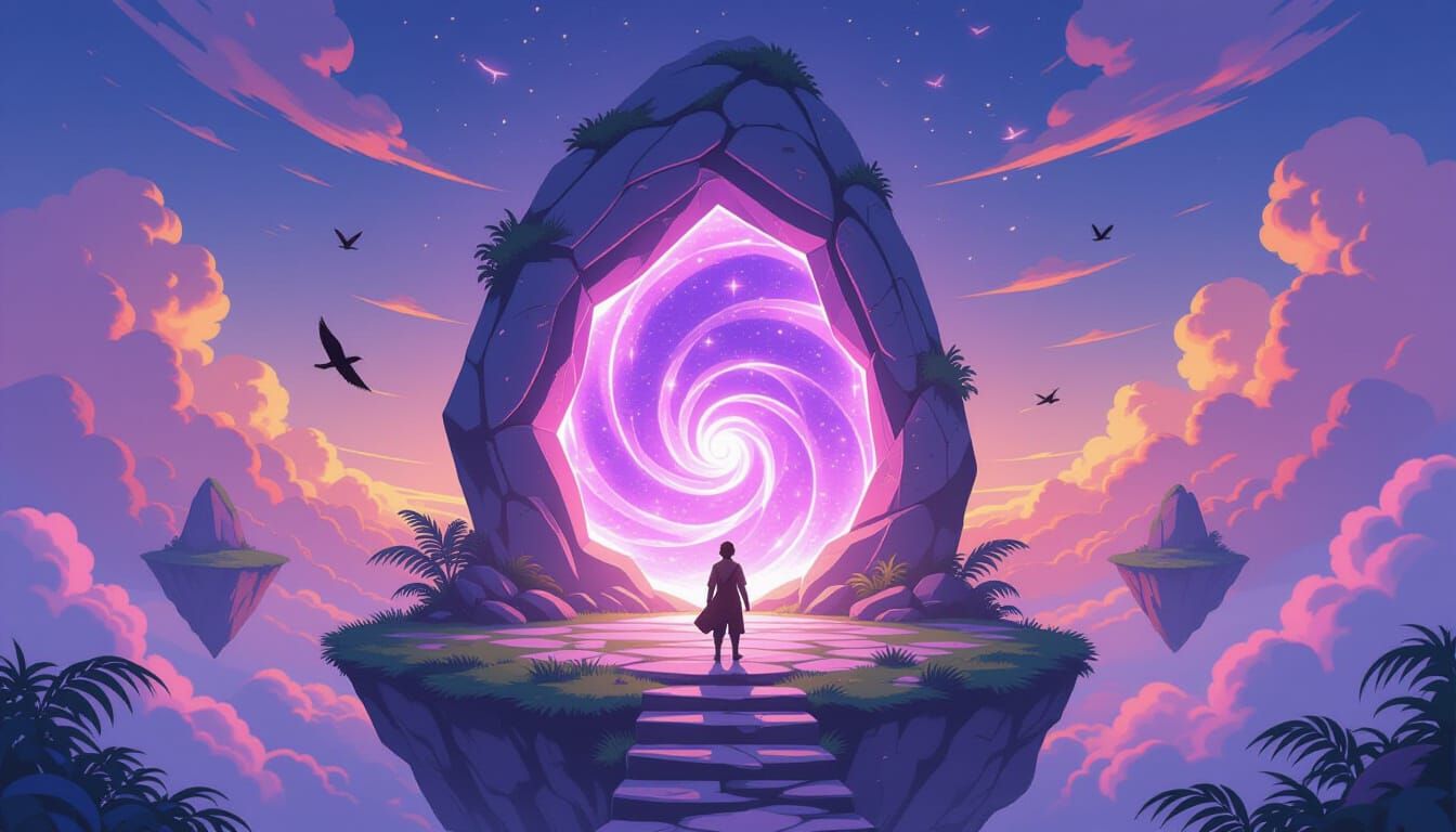 Adventurer Before Glowing Purple Portal on Floating Island
